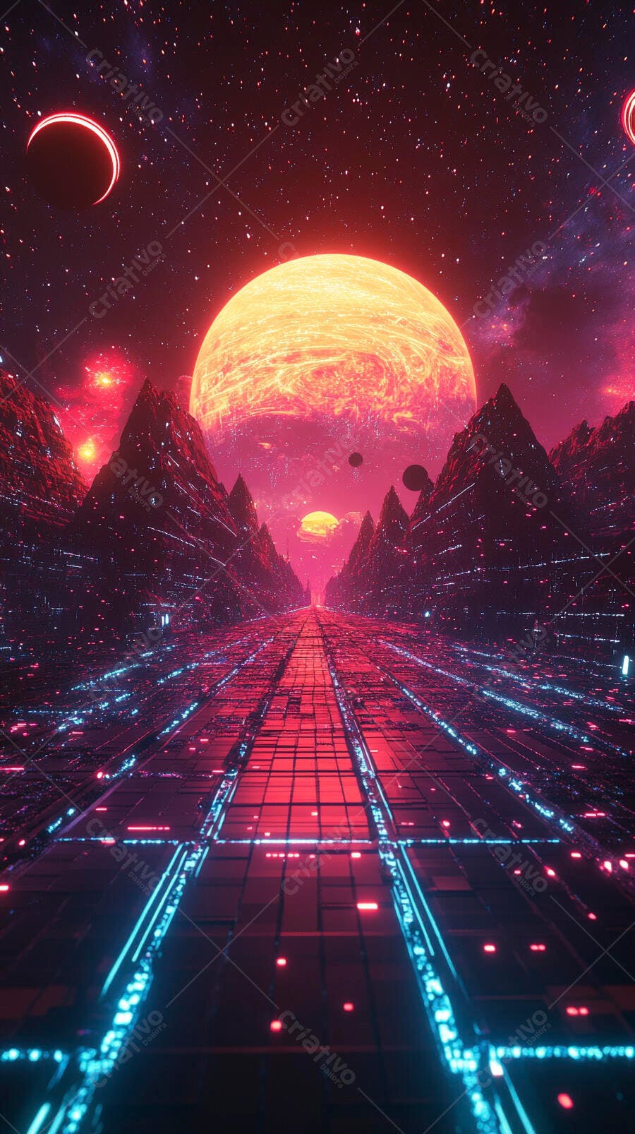 Paisagem futurista com planeta gigante laranja e estrada neon em tons de vermelho e azul