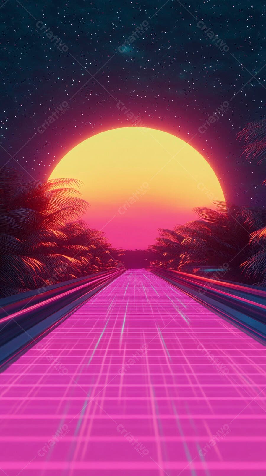 Estrada de neon rosa com palmeiras e sol amarelo em paisagem retrofuturista