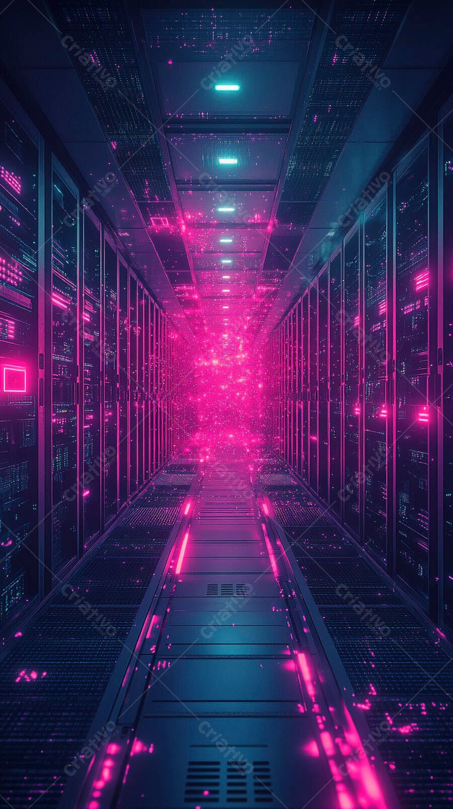 Corredor de data center futurista com luzes neon rosa