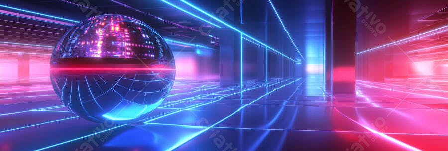 Esfera futurista brilhante com luzes neon azul e rosa em túnel digital