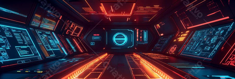 Painel de controle futurista com luzes neon azuis e laranjas em nave espacial