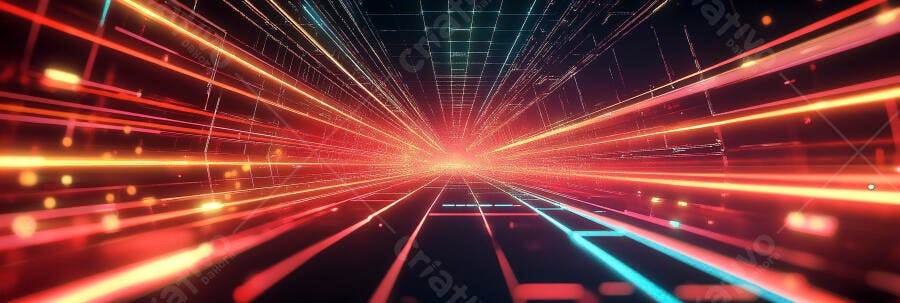 Túnel de luz digital em velocidade hiperspacial com grade geométrica vermelha e azul