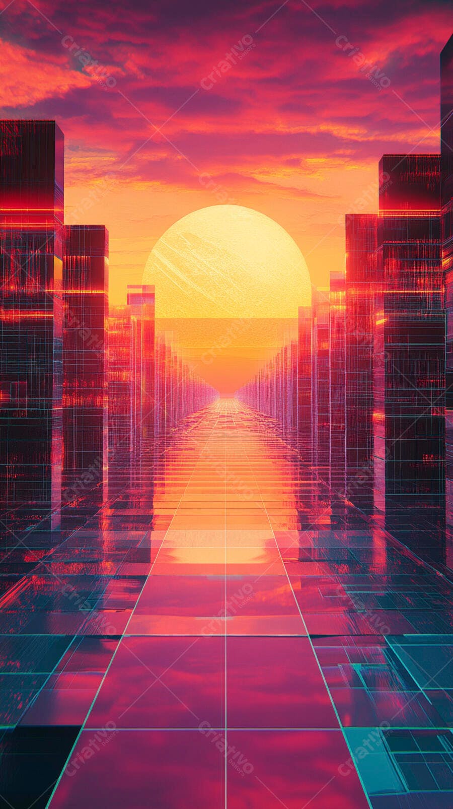 Paisagem cyberpunk com sol gigante e edifícios neon ao pôr do sol