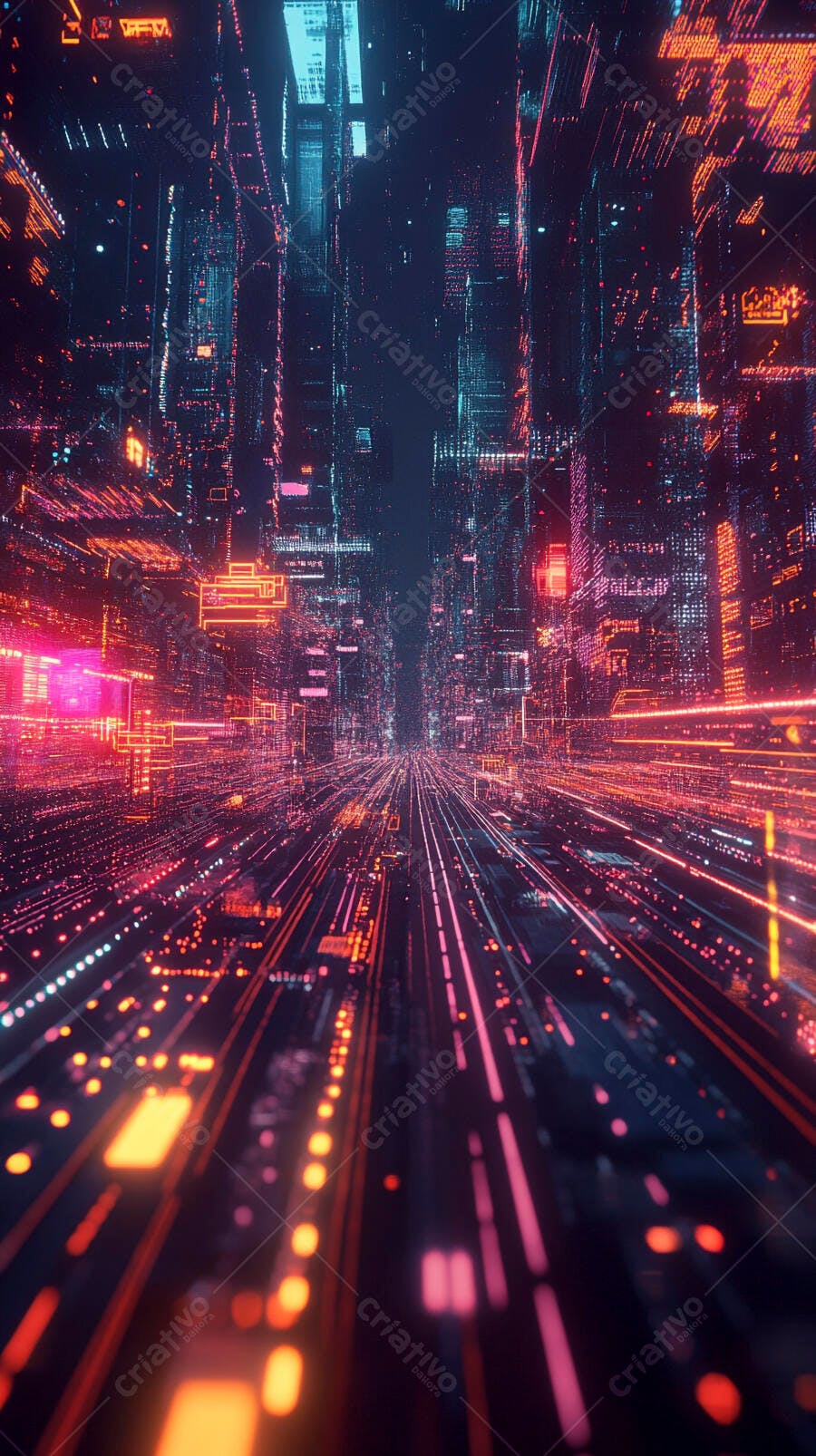Cidade digital futurista com ruas de dados neon vermelhos e azuis