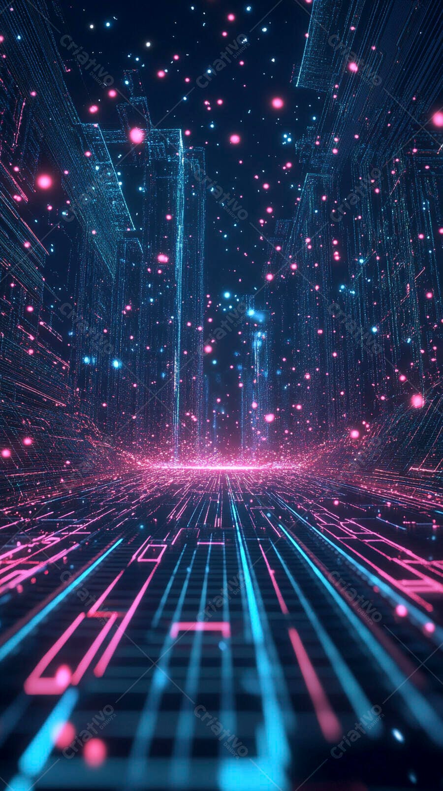 Cidade digital futurista com linhas de luz azul e rosa vibrantes