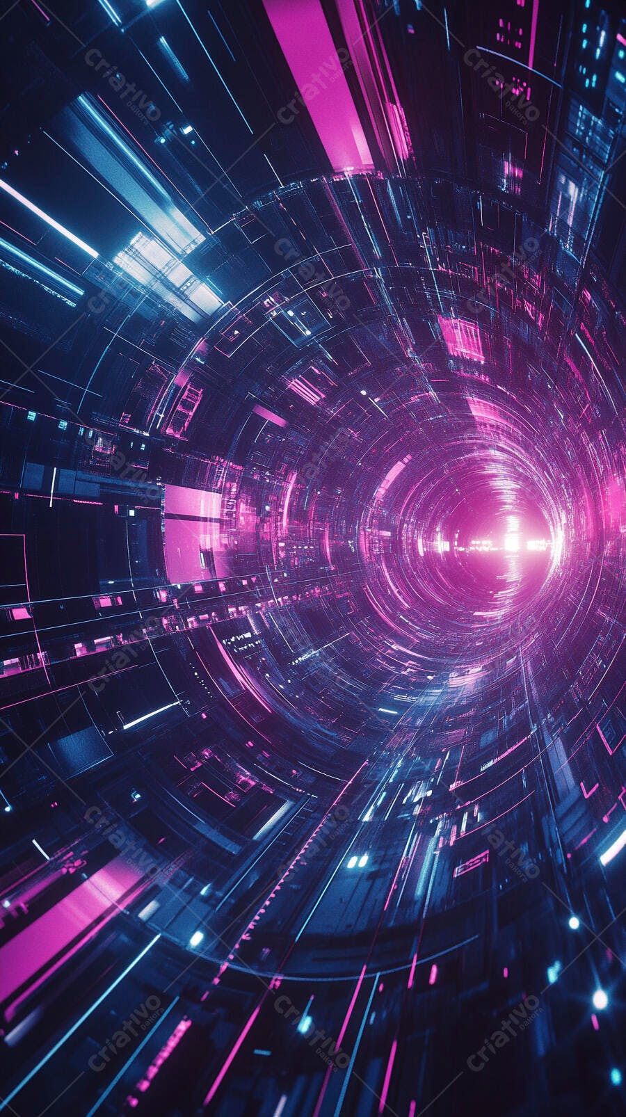 Túnel digital futurista com luzes neon azul e magenta vibrantes