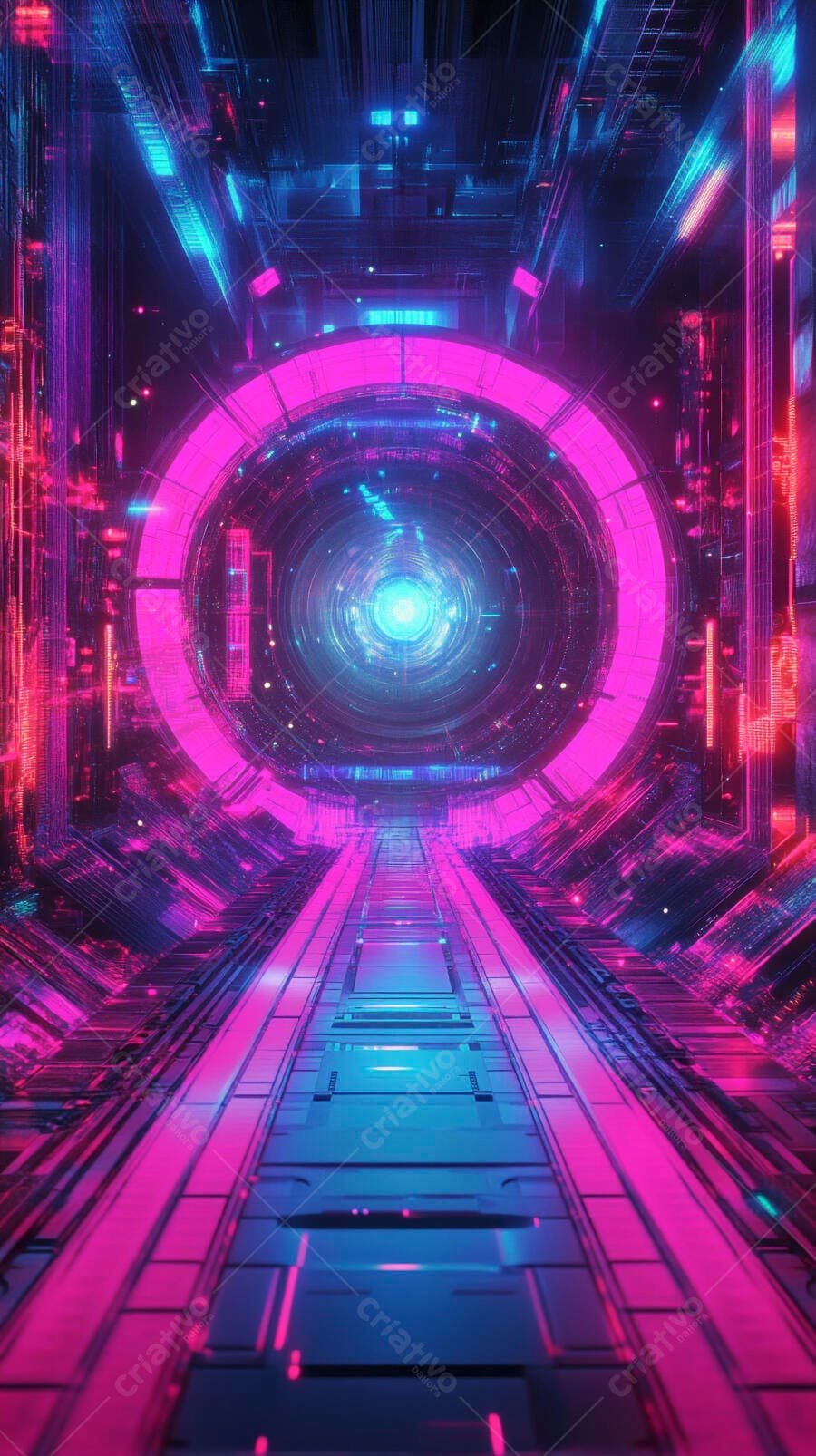 Túnel digital futurista com luzes neon rosa e azul intenso