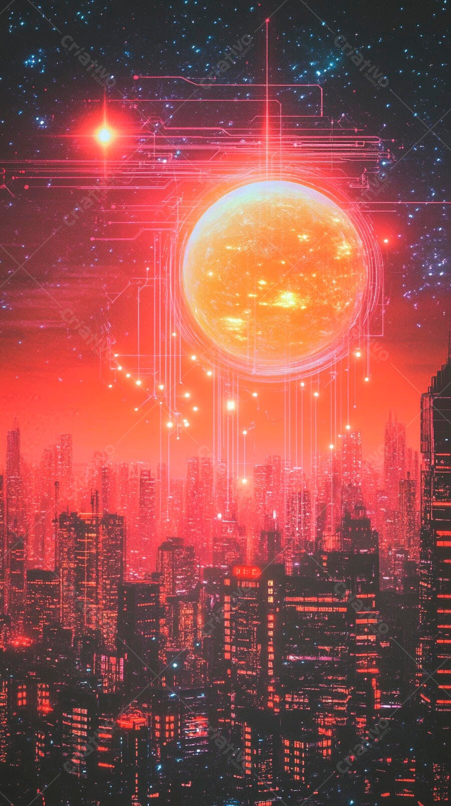 Cidade futurista vermelha sob sol laranja gigante e céu estrelado tecnológico