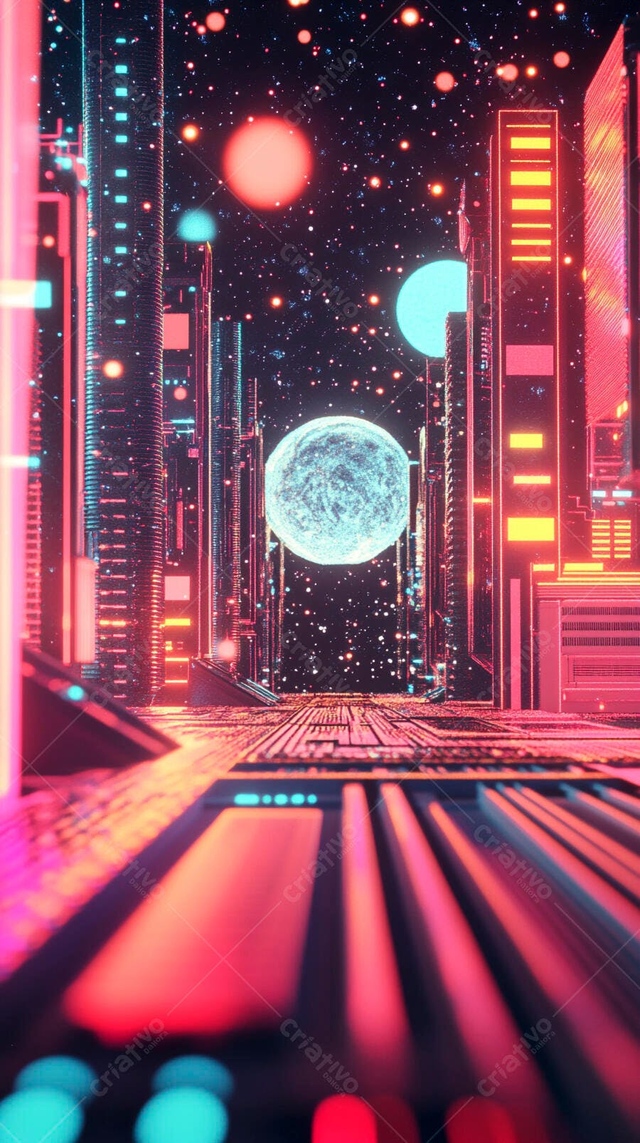 Cidade futurista neon com arranha-céus iluminados e céu estrelado com planetas