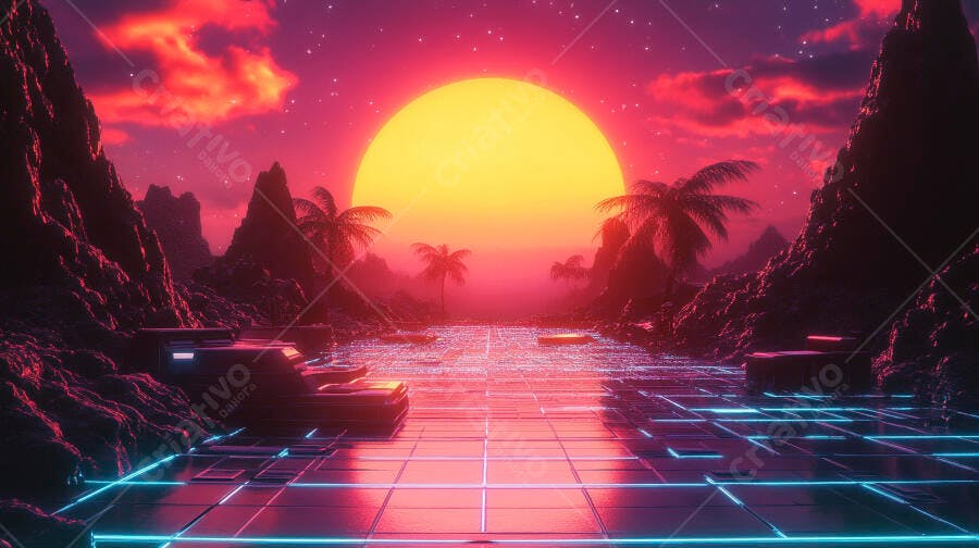 Cenário synthwave com sol gigante palmeiras e caminho neon ao entardecer