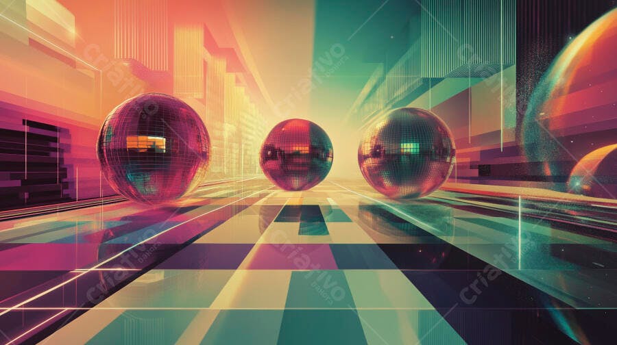 Bolas de discoteca neon em cenário urbano futurista vibrante