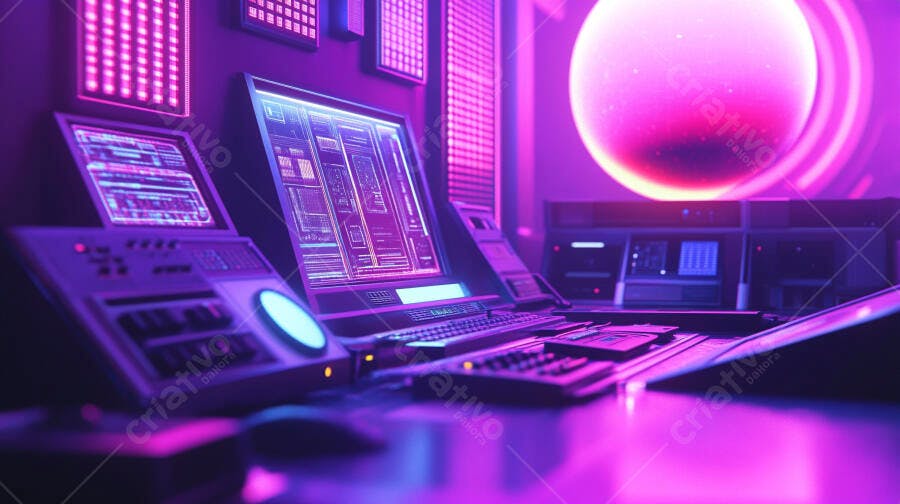 Sala de controle futurista com telas de código em ambiente neon rosa e roxo