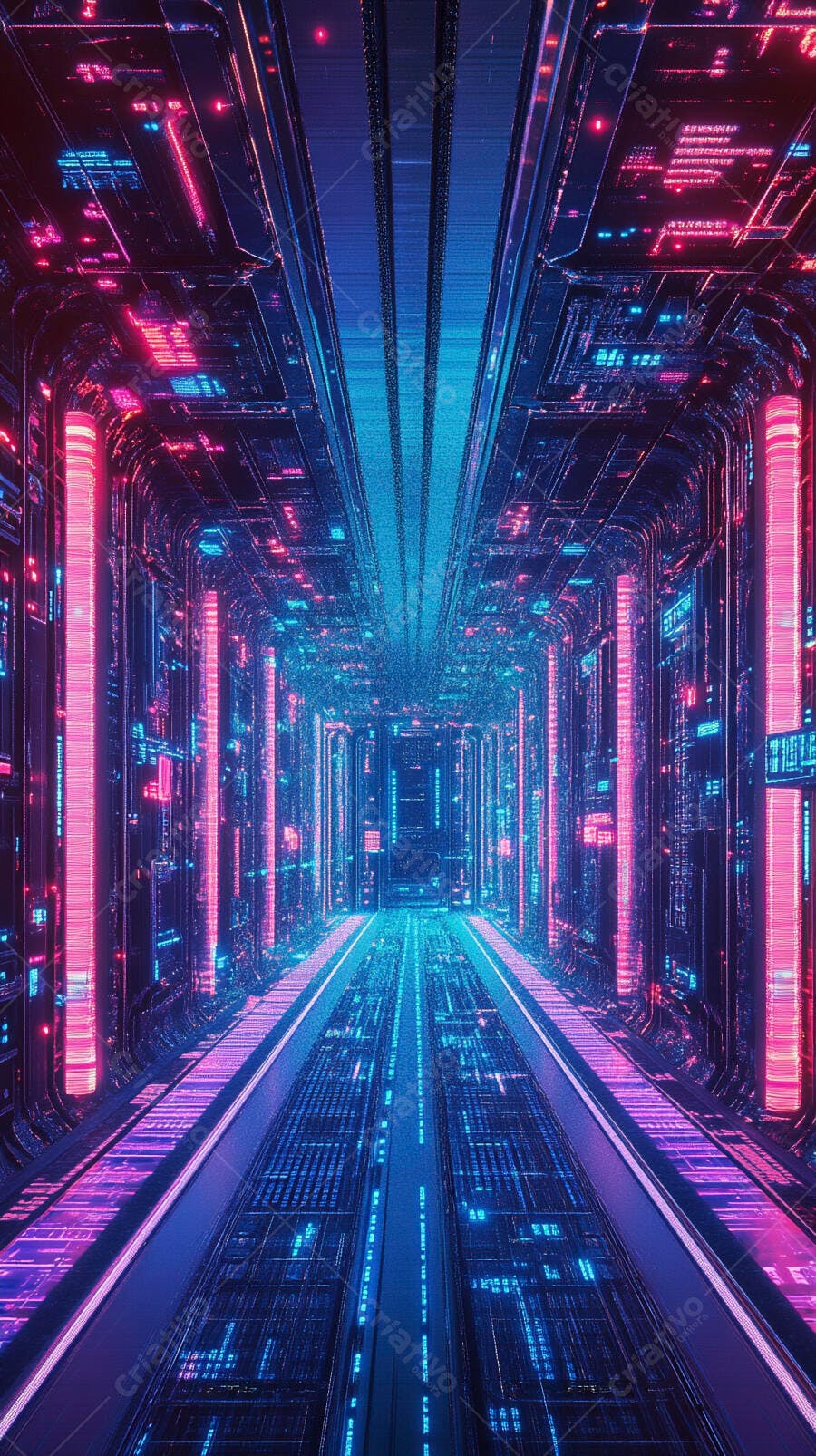Tunel digital neon futurista com luzes azuis e rosas vibrantes