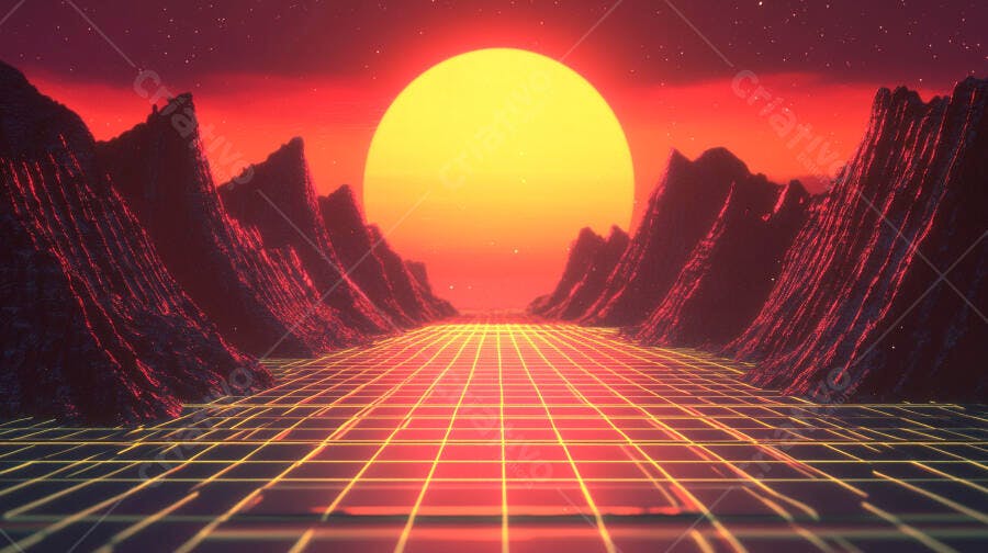 Sol gigante digital paisagem synthwave com montanhas e grade neon