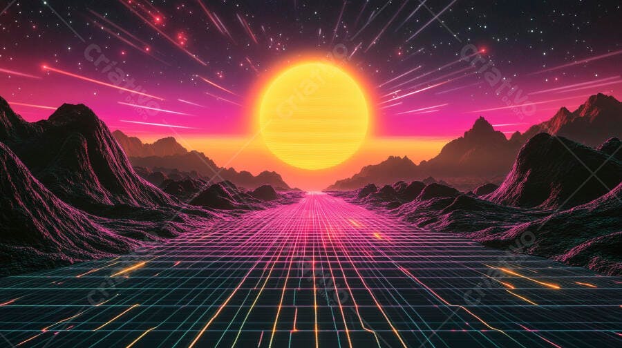 Sol neon futurista sobre montanhas roxas e estrada de grade digital