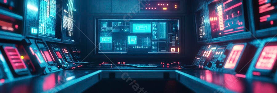 Sala de comando futurista com telas azuis e painéis de controle neon