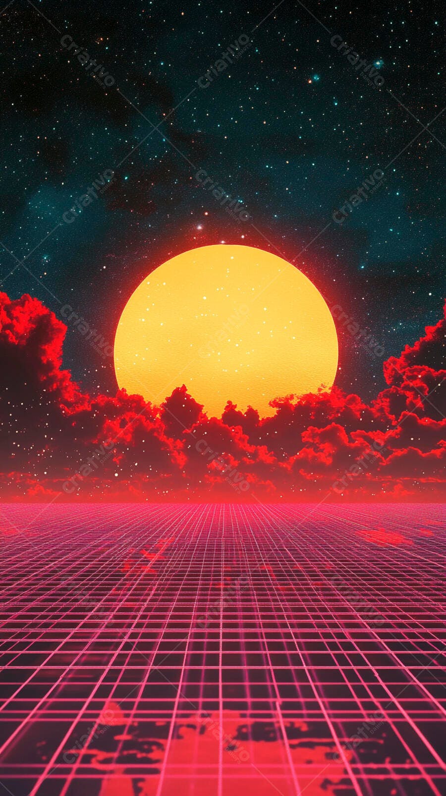 Sol néon amarelo em paisagem futurista com grade rosa e nuvens vermelhas