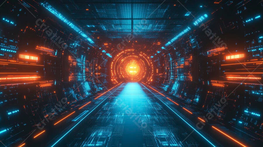 Túnel tecnológico futurista com luzes azuis e laranjas vibrantes