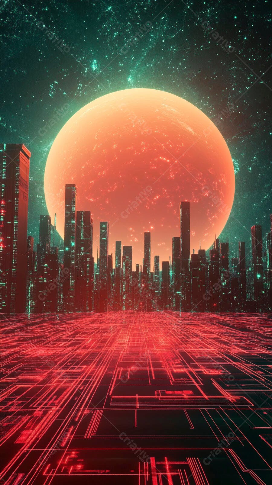Cidade futurista sob planeta gigante vermelho céu estrelado com grade digital