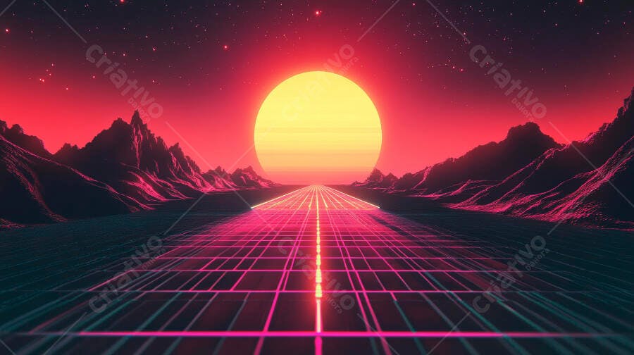 Paisagem retrofuturista com sol gigante e estrada neon estilo synthwave