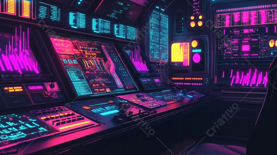 Sala de controle futurista com displays digitais neon rosa e azul