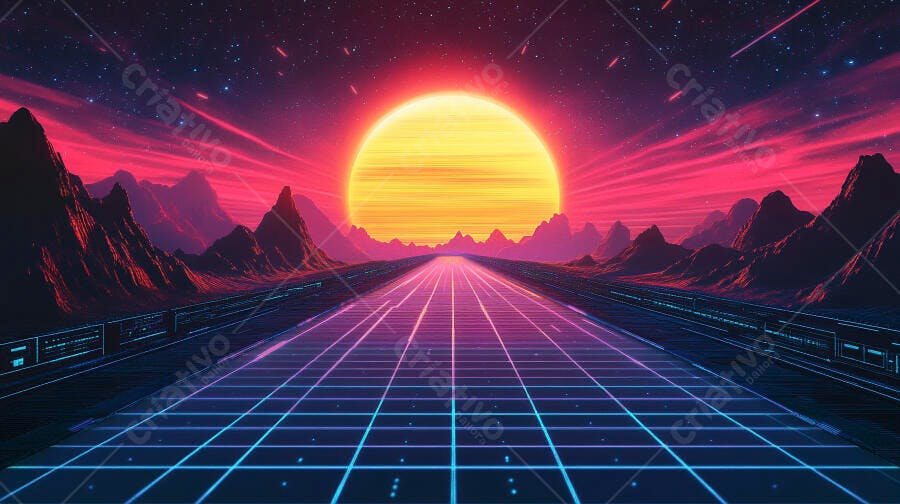 Paisagem synthwave com estrada de grade neon e sol dourado sobre montanhas roxas