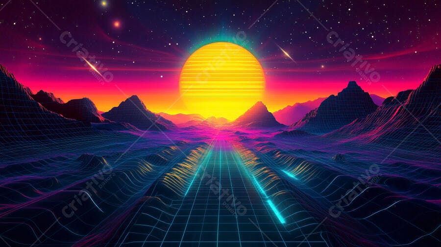 Retrowave paisagem digital com sol gigante e montanhas neon vibrantes