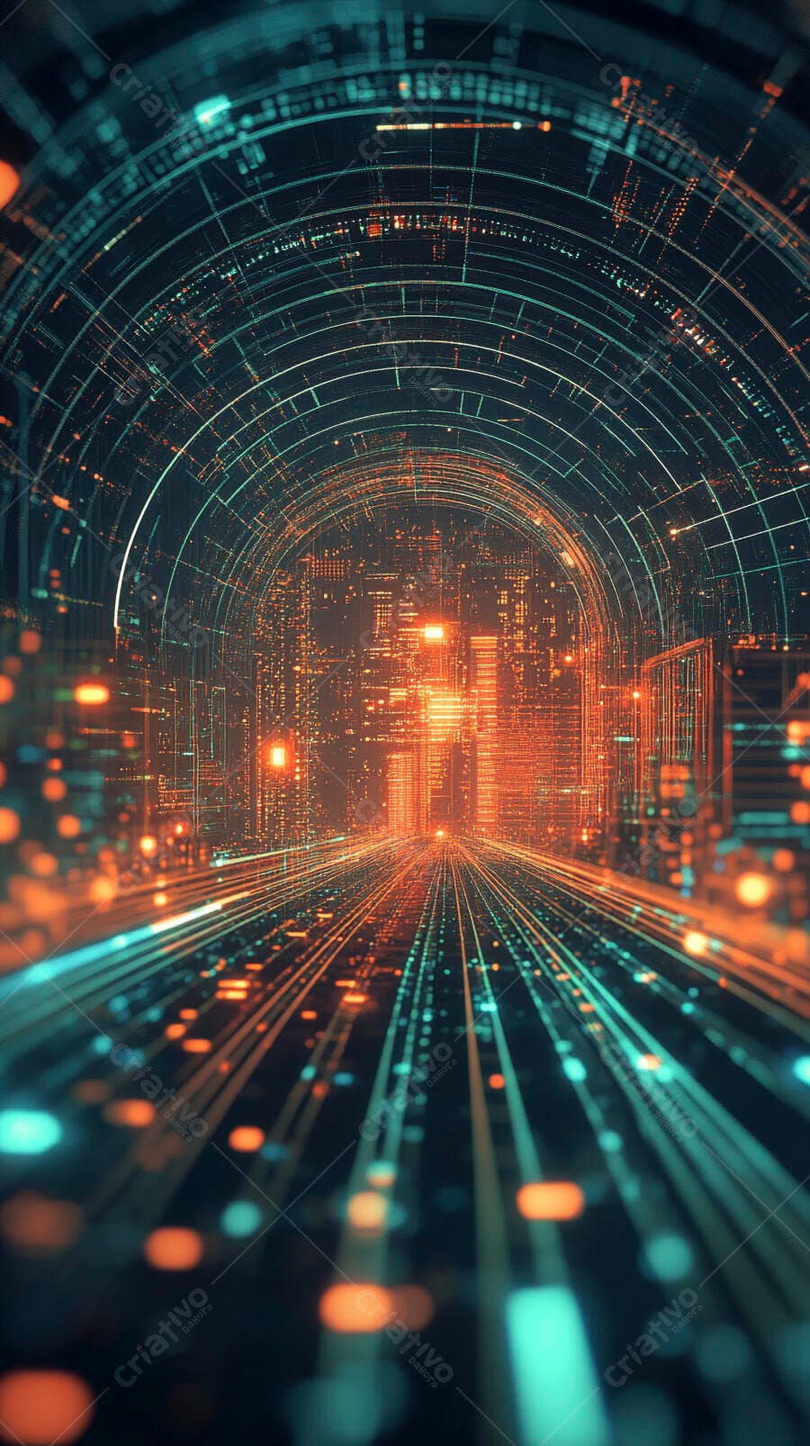 Túnel digital futurista com luzes de dados laranja e azul