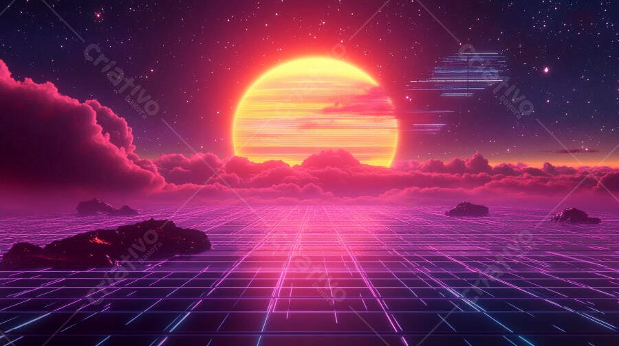 Paisagem retrowave neon sol laranja nuvens rosa grade digital futurista