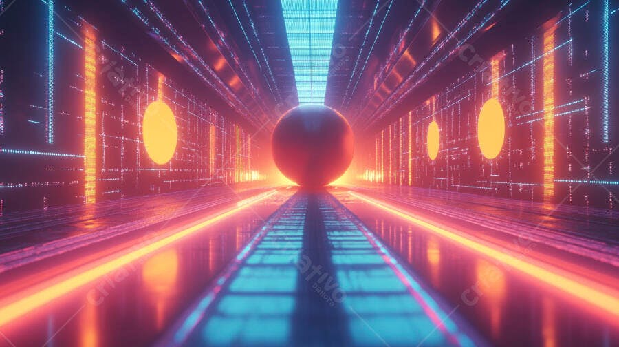 Esfera escura em túnel futurista neon com luzes azuis e laranjas