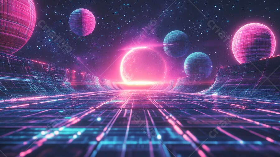 Cenário futurista néon com planetas vibrantes e luzes roxas e azuis