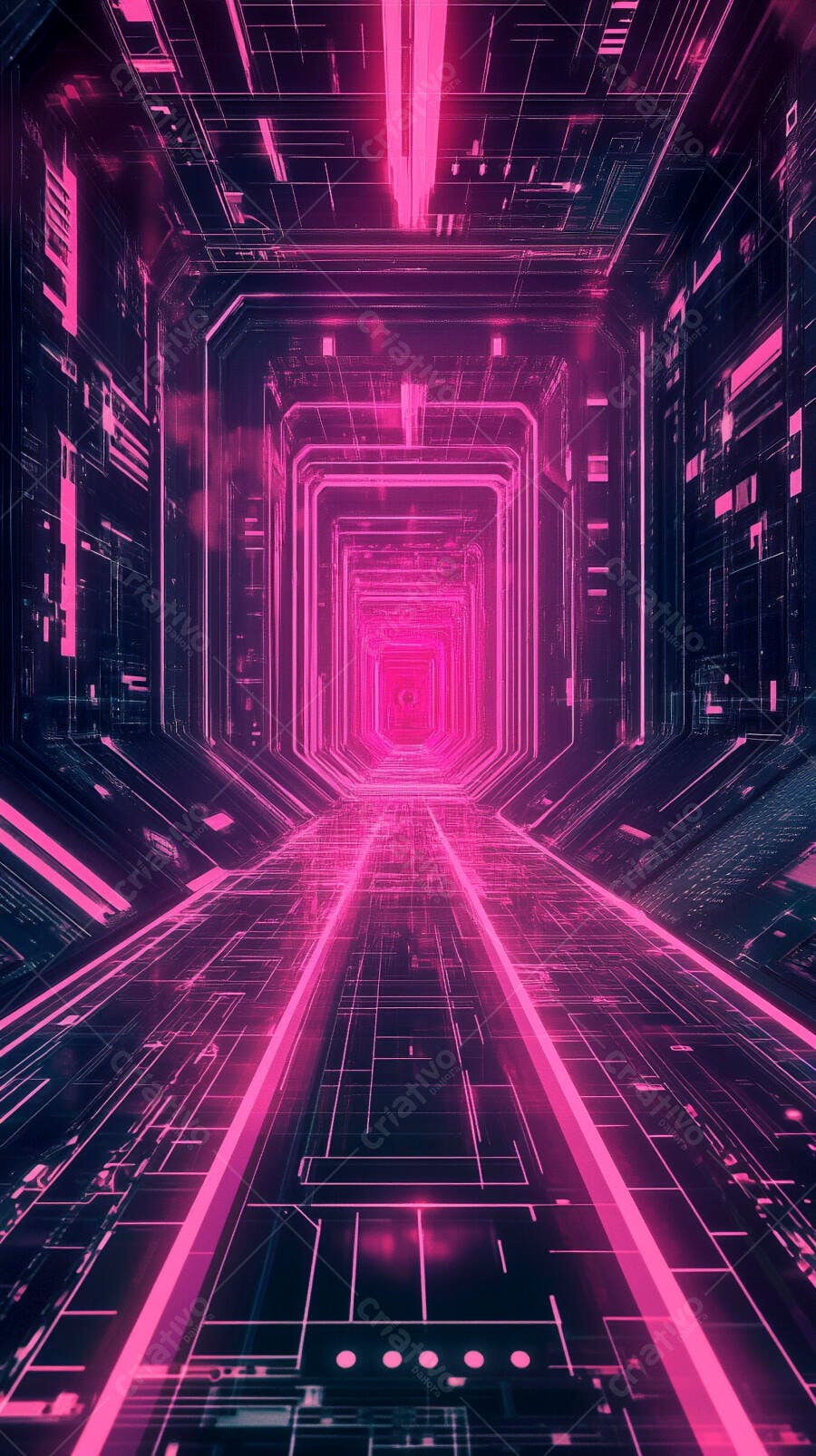 Túnel digital futurista com luzes neon rosa e linhas de circuito