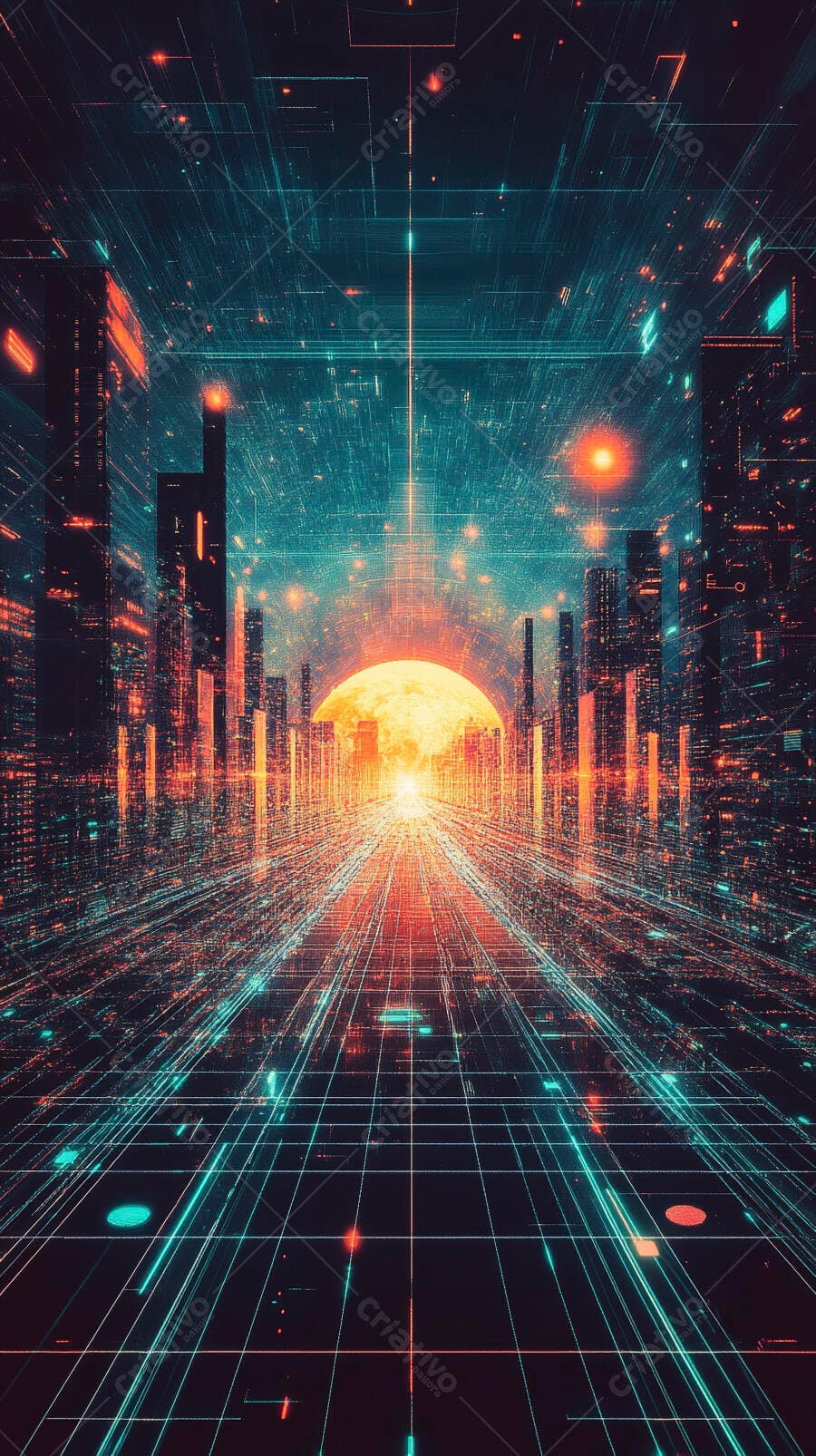 Metrópole digital futurista ao amanhecer com linhas de dados neon