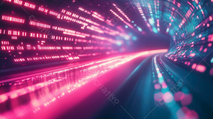 Túnel digital vibrante com luzes neon rosa e azul em movimento rápido