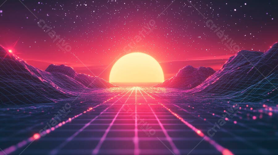Synthwave paisagem digital com sol neon e montanhas wireframe