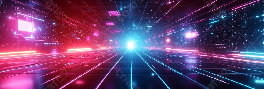 Túnel digital futurista com luzes neon azuis e vermelhas