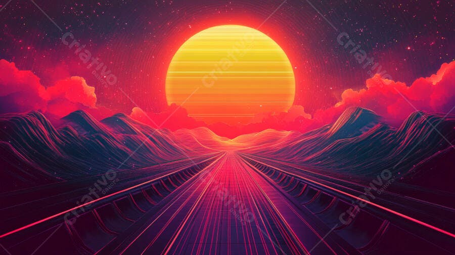 Paisagem retrofuturista com sol gigante laranja montanhas roxas e estrada neon