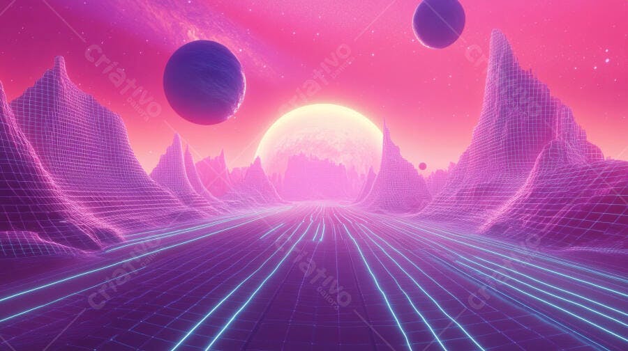 Paisagem futurista digital rosa e roxa com montanhas de wireframe e planetas neon