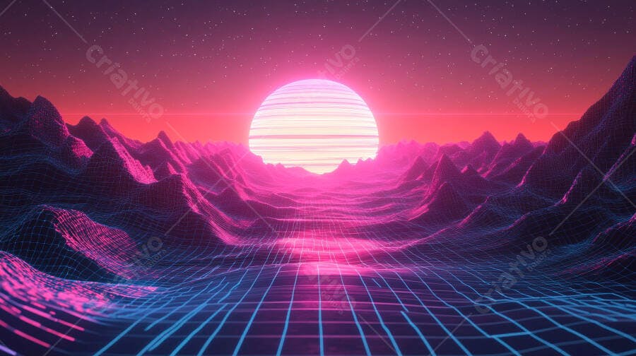 Paisagem digital com montanhas neon sol rosa e grade futurista estilo synthwave