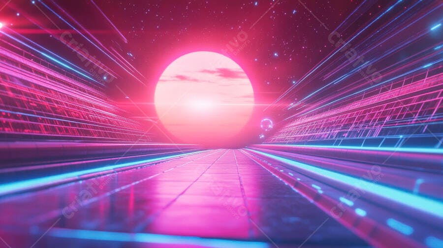 Cenário futurista neon com estrada digital rosa e azul sob sol cósmico