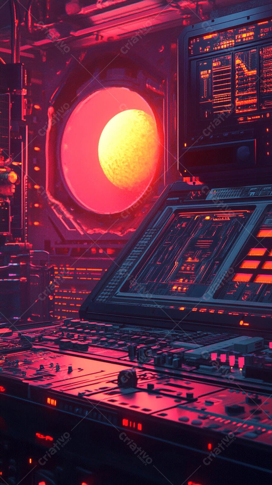 Painel de controle futurista com planeta alienígena e luzes neon vibrantes
