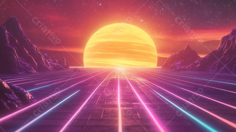 Paisagem synthwave com montanhas neon e sol gigante sobre estrada retrofuturista
