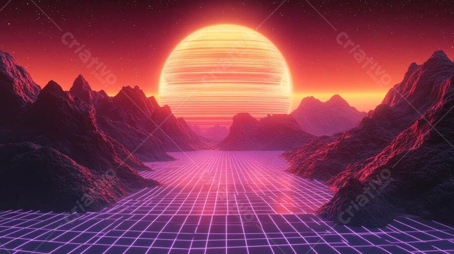 Cenário retrofuturista com sol laranja montanhas roxas e grade neon