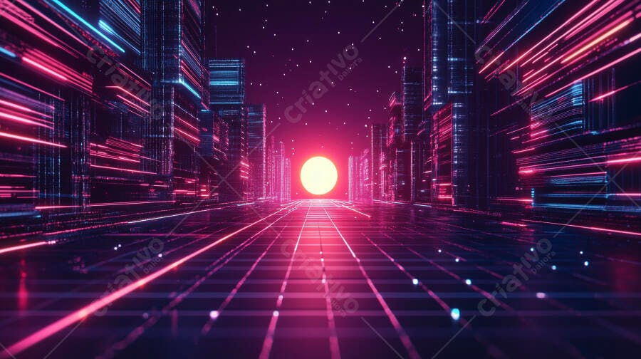 Paisagem urbana futurista neon com grade digital e sol magenta brilhante
