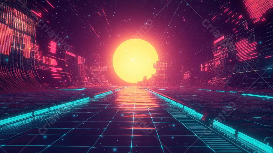 Paisagem futurista neon com sol laranja e cidade digital roxa