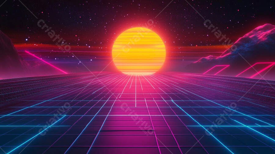 Paisagem retrofuturista com sol neon vibrante e grade digital no horizonte