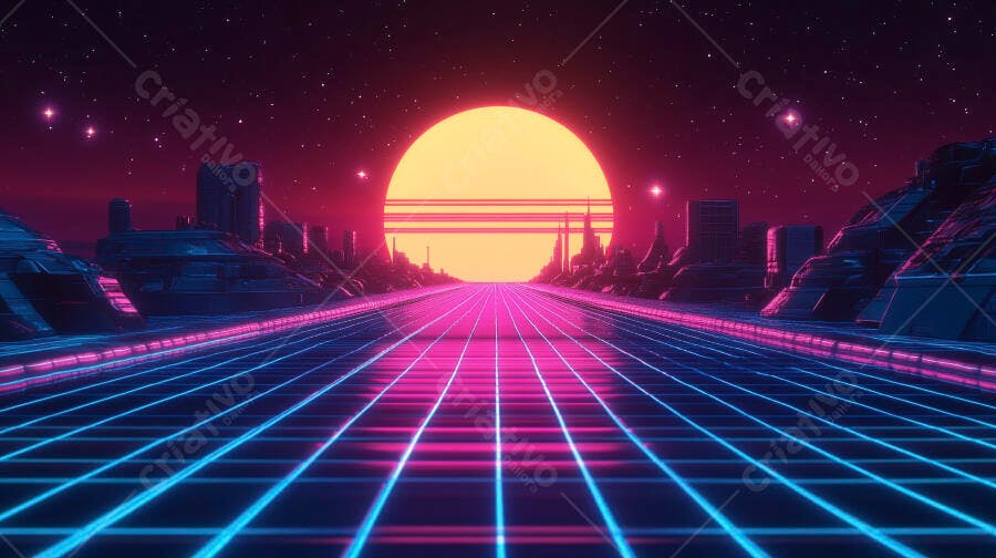 Paisagem retrofuturista com sol grande e grade neon vibrante