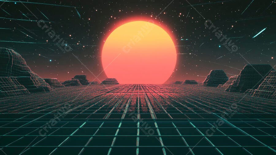 Paisagem retrowave neon com sol laranja e grid digital