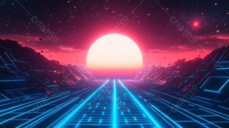 Cenário retro-futurista com sol neon e estrada digital brilhante