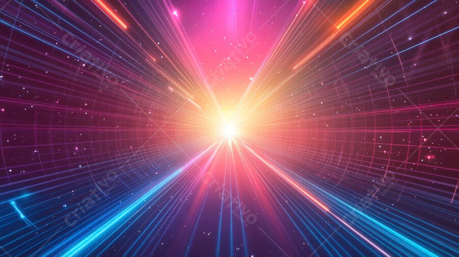 Túnel de luz digital vibrante com linhas brilhantes rosa azul e laranja em grade futurista